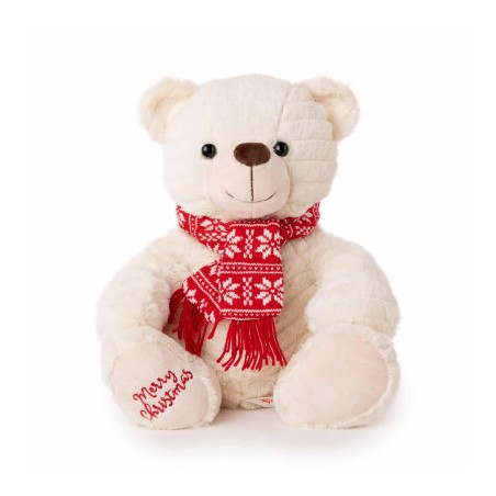 Χριστουγεννιάτικο αρκουδάκι με πλεκτό κασκόλ ΛΕΥΚΟ -ΚΑΦΕ 42εκ. 010185