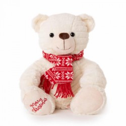 Χριστουγεννιάτικο αρκουδάκι με πλεκτό κασκόλ ΛΕΥΚΟ -ΚΑΦΕ 42εκ. 010185